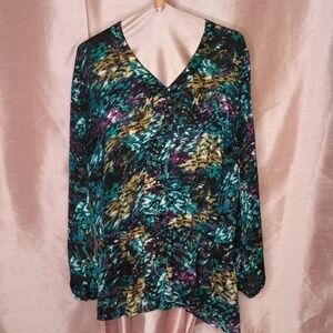 (b2-7) Black Teal Gold Purple Abstract V Neck Ruffle bottom long sleeve Tunic 3X